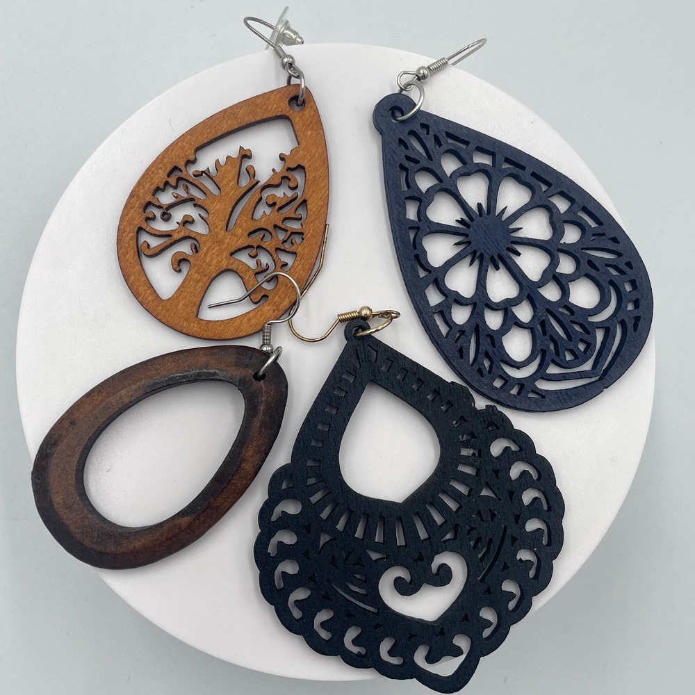 Vintage Boho Laser Cut Wood Teardrop Dangle Earrings Lot Multi Color 4 Pairs